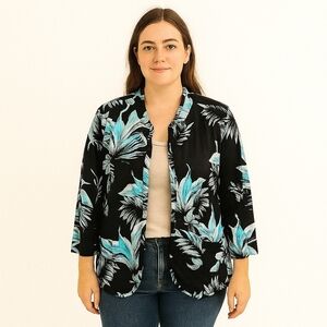 Chicos Blazer Womens Size Medium Floral Jacket Blue Island Button Down Pockets